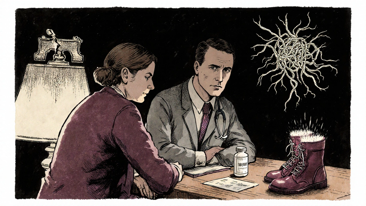 A doctor and patient at a table with abstract symbols of pain and healing floating around them.
