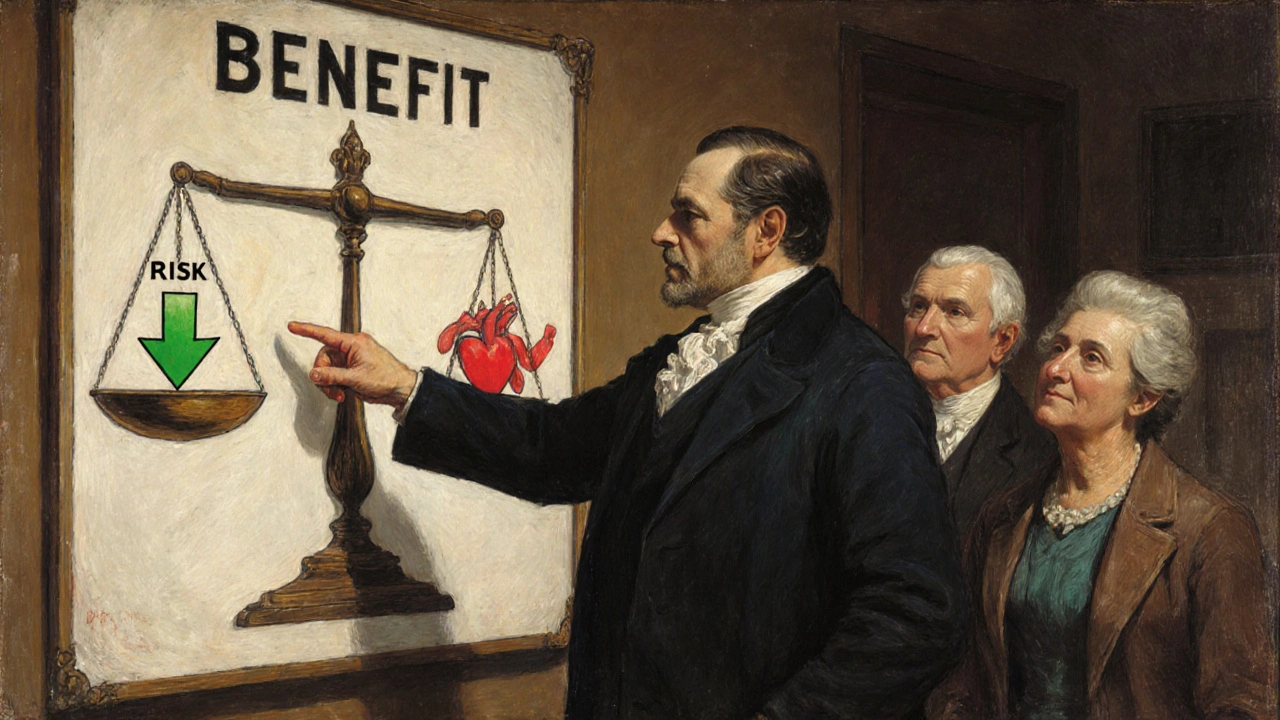 A pharmacist explaining benefit-risk scales to patients using a detailed illustrated chart.