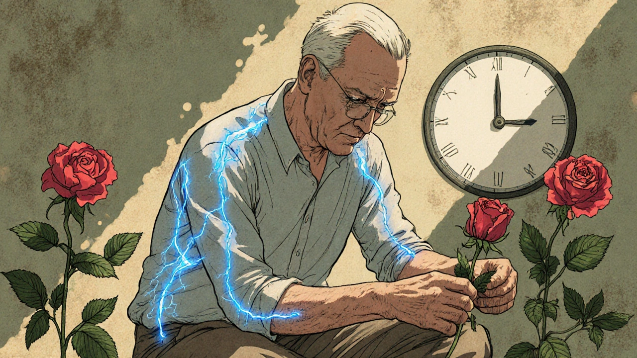 An elderly man gardening peacefully, with faint blue nerve pathways calming around him.