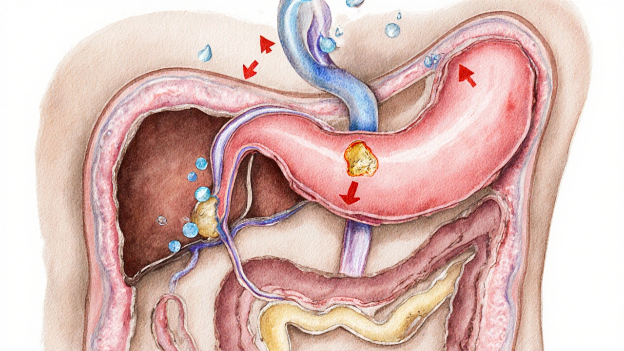 Anatomical cross‑section showing pancreas blocked by gallstone and alcohol droplets.