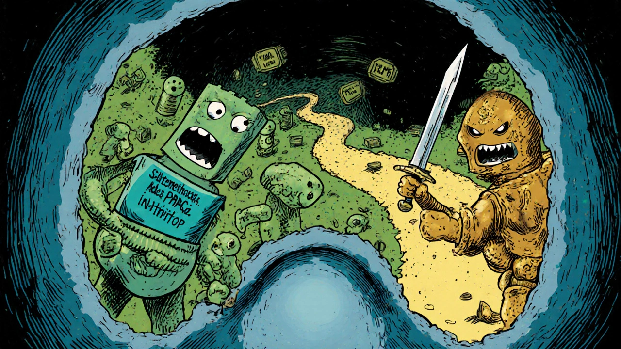 Cartoon battle showing sulfamethoxazole and trimethoprim blocking bacterial folic‑acid synthesis.