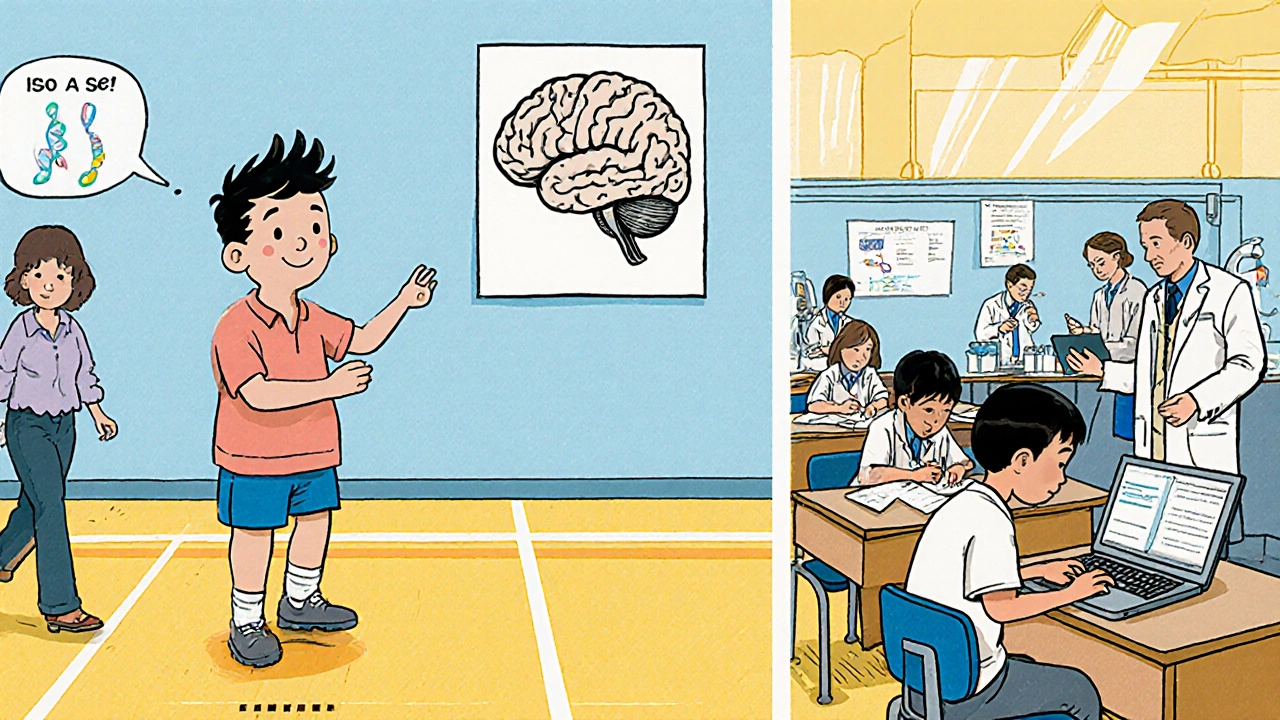 Child engages in adapted school activities with therapy and supportive technology.