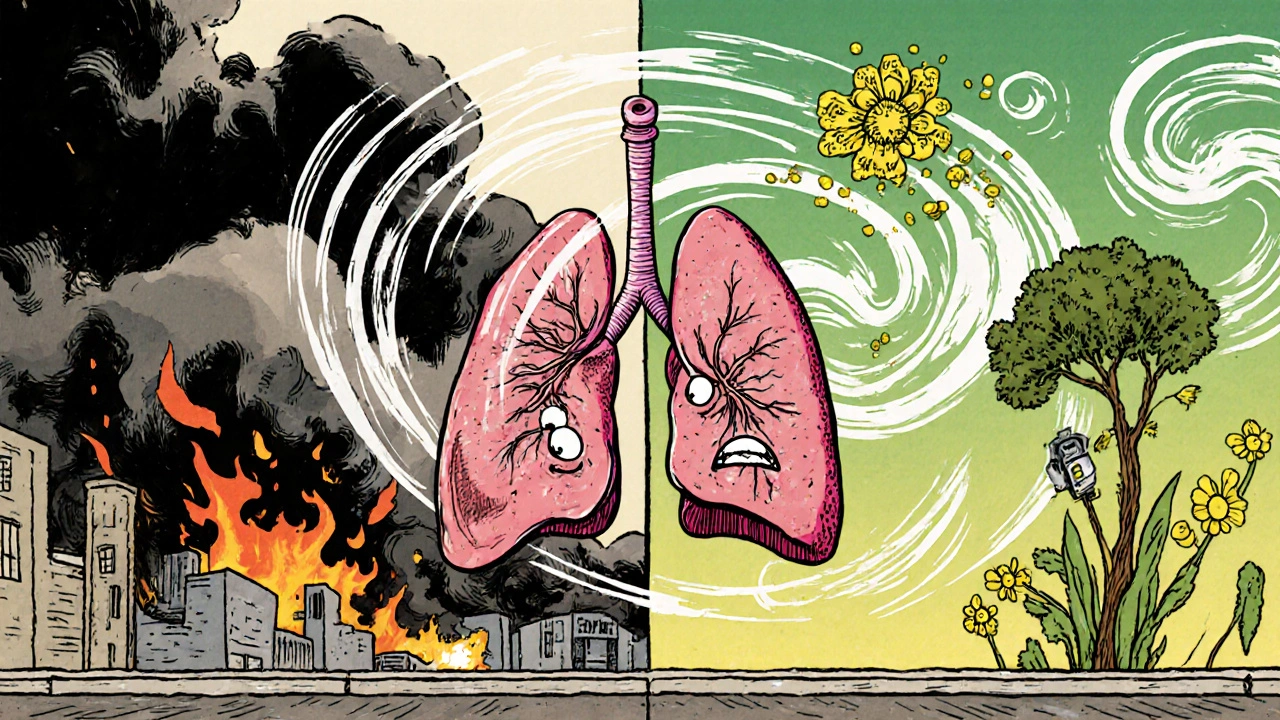 City cross‑section showing wildfire smoke, ozone, PM2.5, and pollen attacking lungs.
