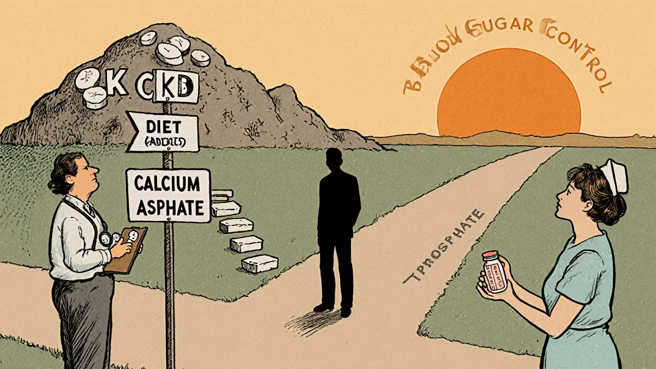 Clinical crossroads with patient, kidney disease sign, phosphate hill, and decision to use calcium acetate.