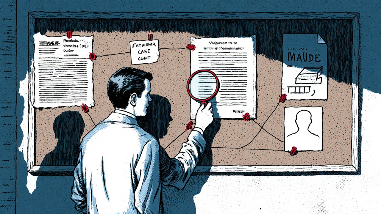 Detective‑style scene of a scientist linking FAERS reports to FDA alerts, journal articles, and MAUDE icons.