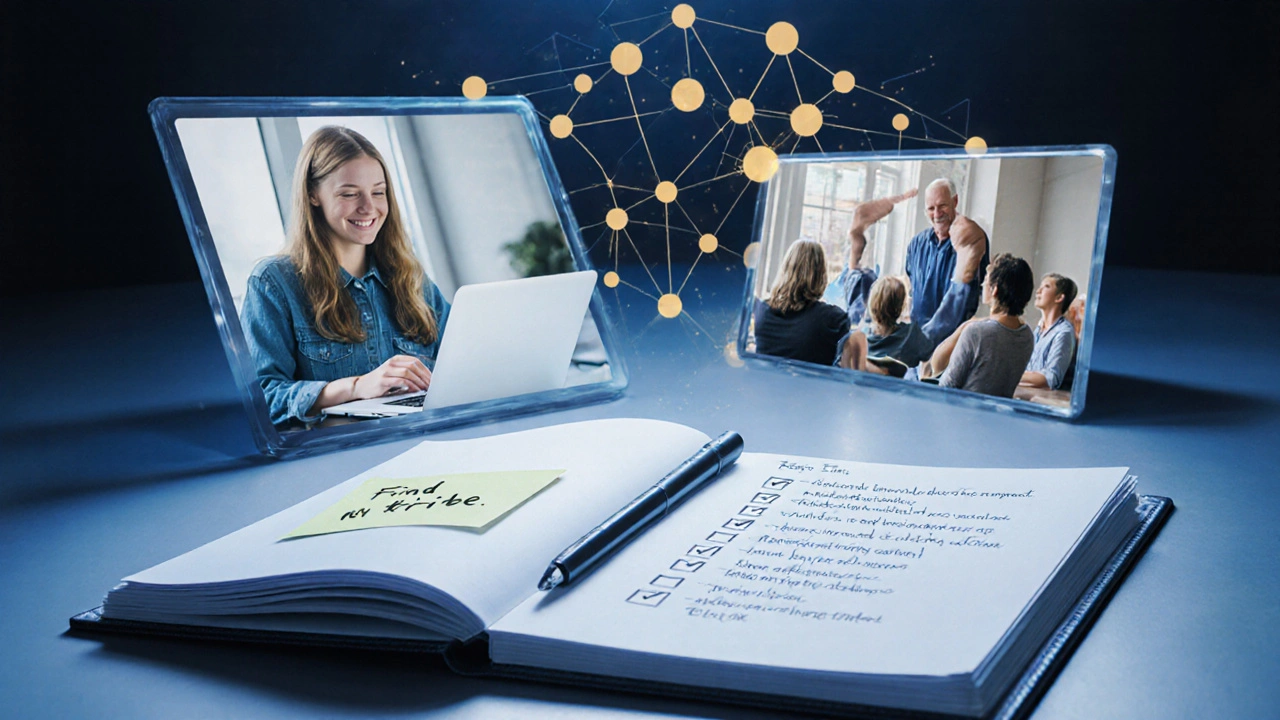 Digital collage of support‑group stories, checklist, and glowing network connections.