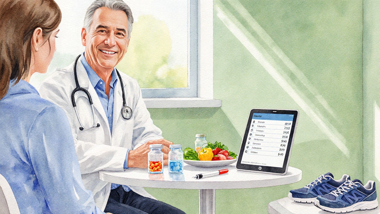 Doctor and patient discussing weight‑loss drugs, cost, and lifestyle in a bright clinic.