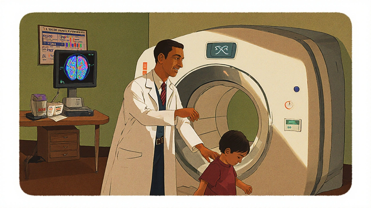 Doctor examines child with MRI and genetic testing tools for Parkinsonism diagnosis.