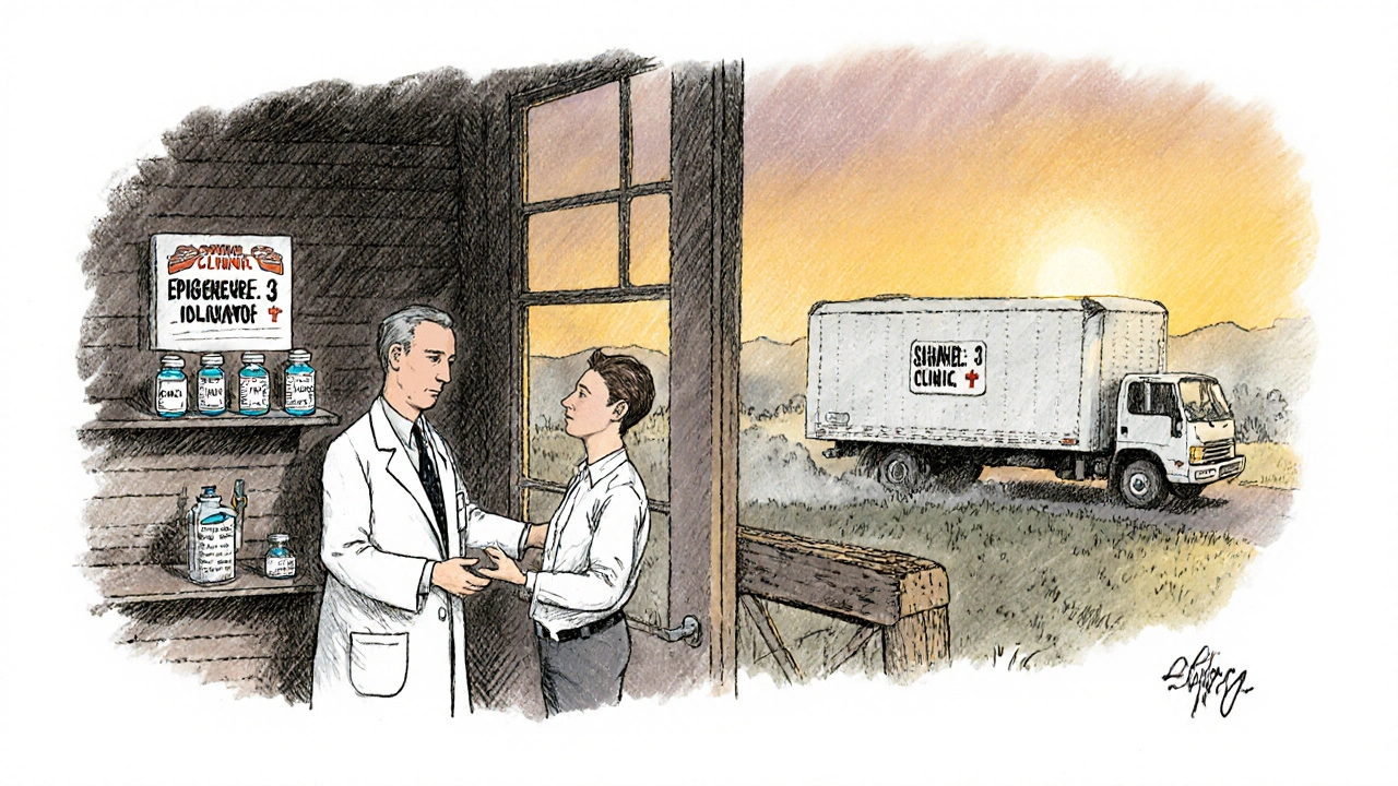 Doctor gives alternative medication to patient in rural clinic as delivery truck leaves.