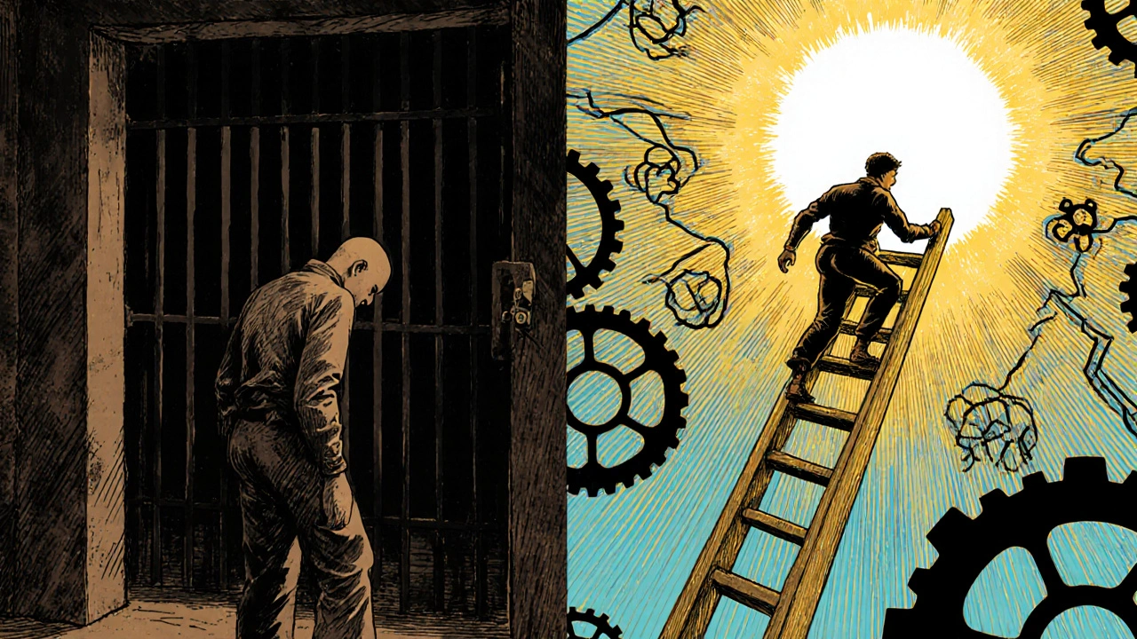 Fixed mindset figure before a locked gate contrasted with growth mindset figure climbing a ladder.