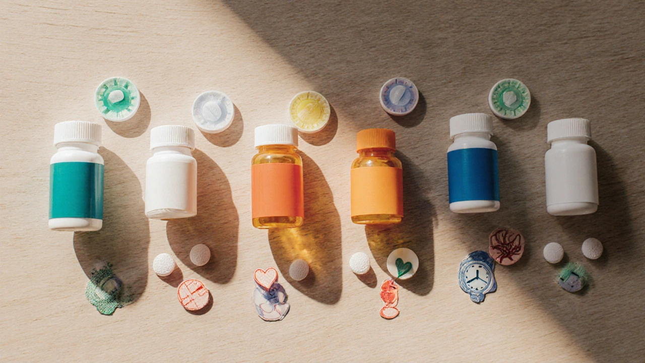 Flat‑lay of seven pill bottles with icons showing GI and heart risks.