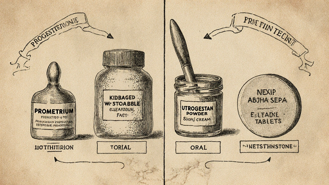 Four progesterone options portrayed as a capsule, powder jar, cream tube, and tablet in a vintage illustration.