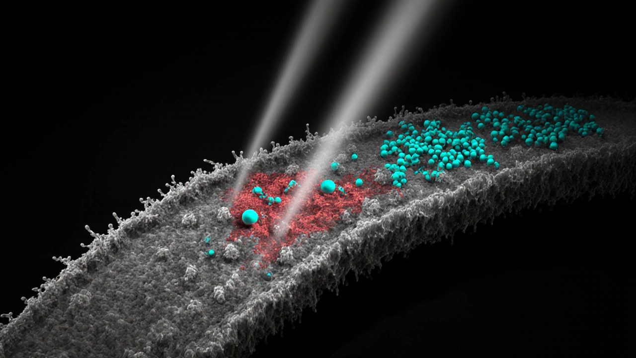 Fungal cell membrane disrupted by teal ketoconazole particles, with crimson damage highlights.