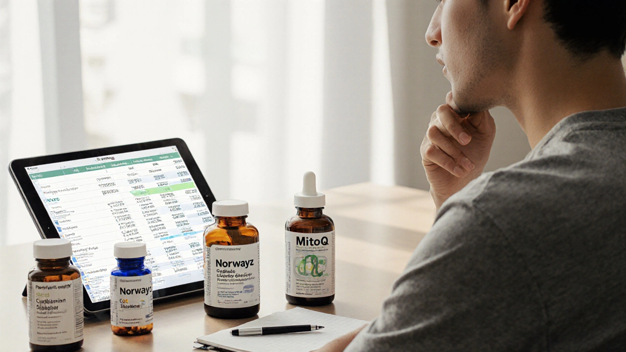 Home office desk with Norwayz prescription bottle, supplement bottles, and a person contemplating choices.