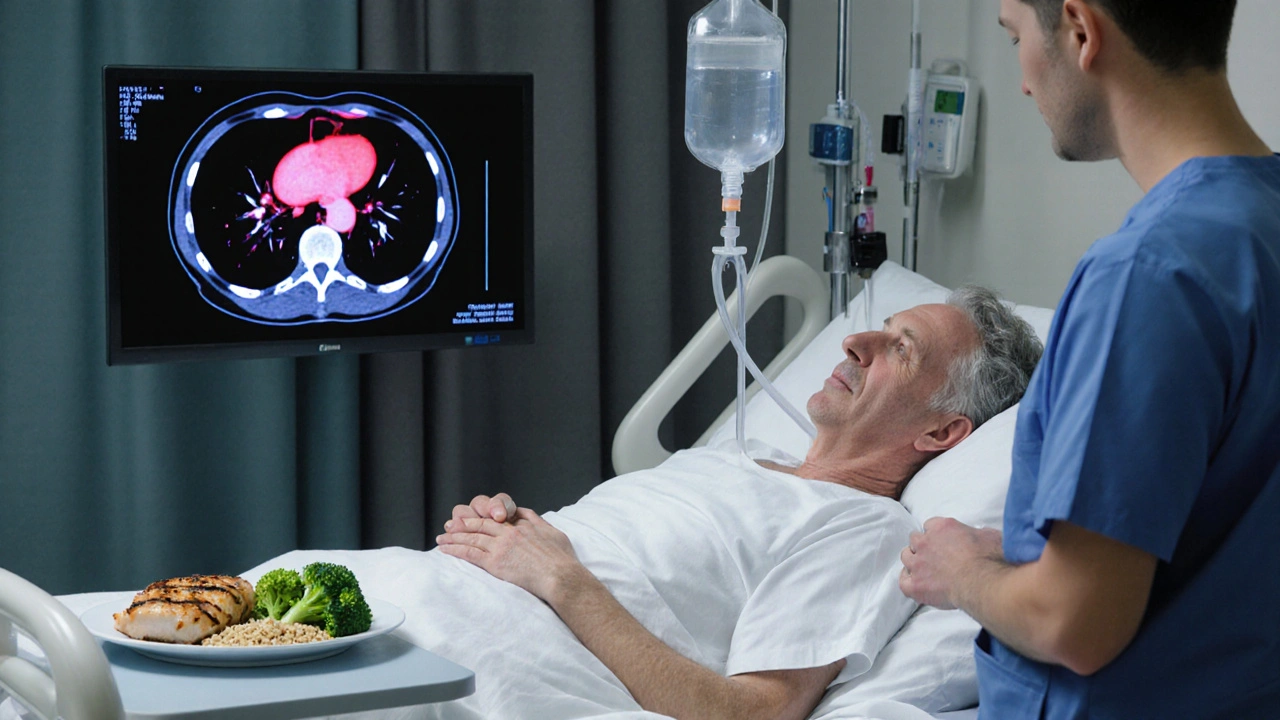 Hospital bedside with IV drip, feeding tube, doctor viewing CT scan of inflamed pancreas and healthy low‑fat meal.