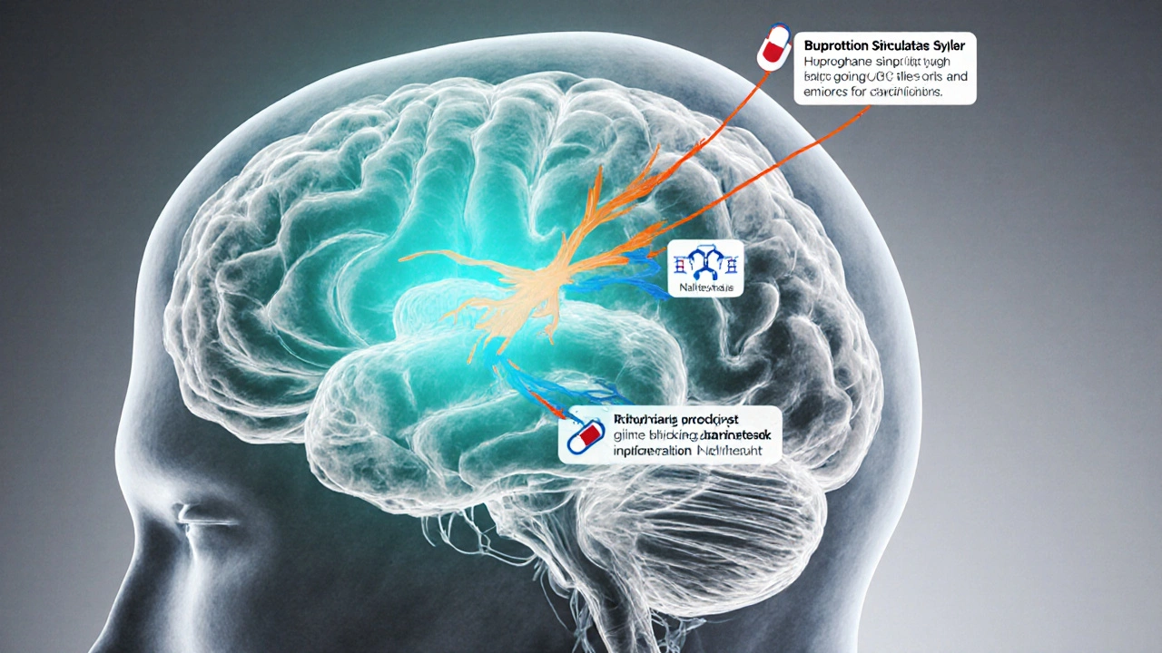 Illustrated brain showing pathways for bupropion and naltrexone affecting appetite control.
