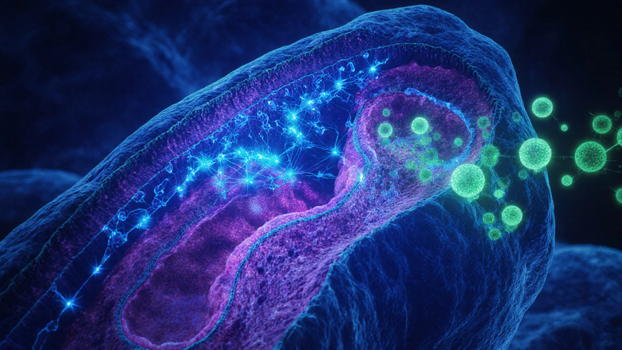 Illustrated mitochondrion showing idebenone molecules linking Complex I and III to produce ATP.