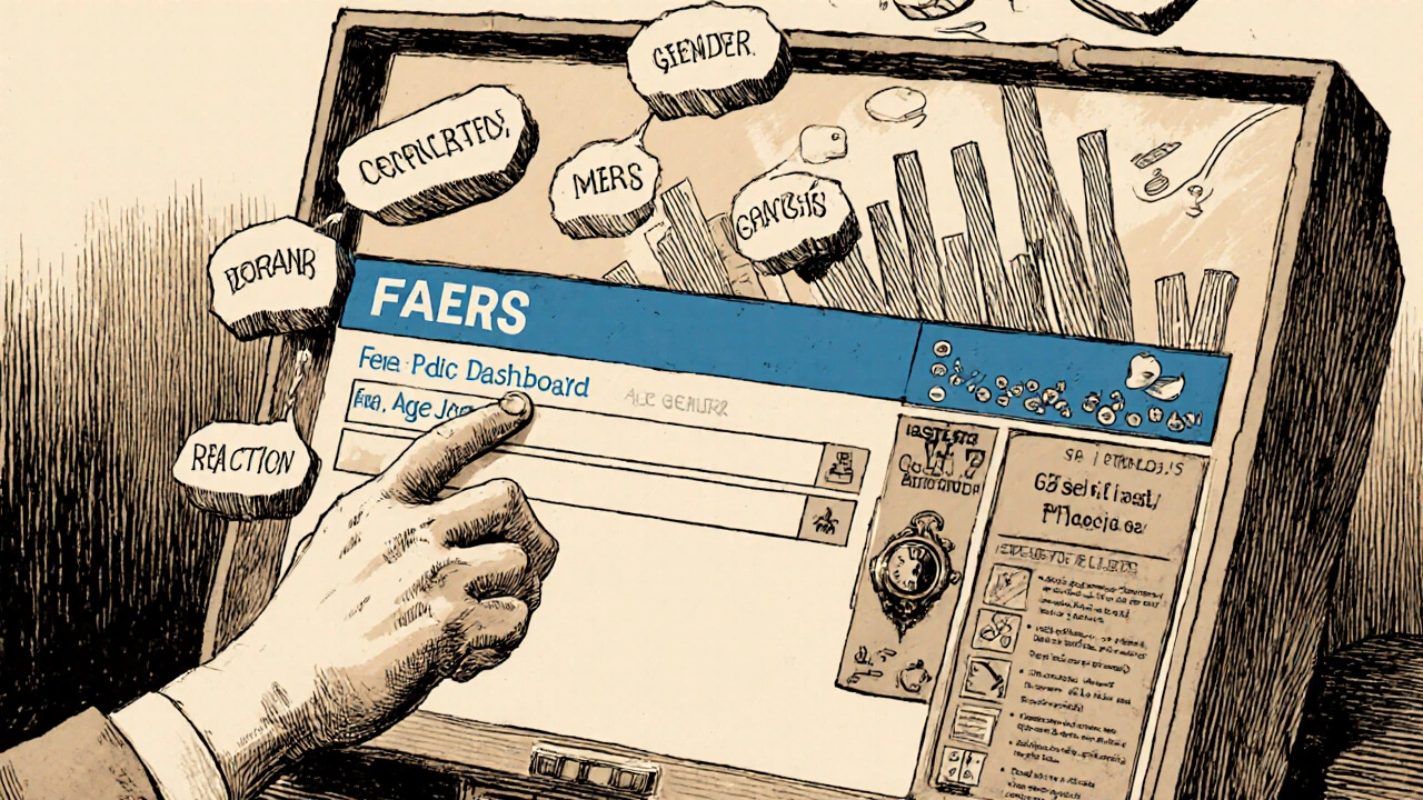 Illustration of a person using a blue search bar on a dashboard with filters and transforming bar graphs.