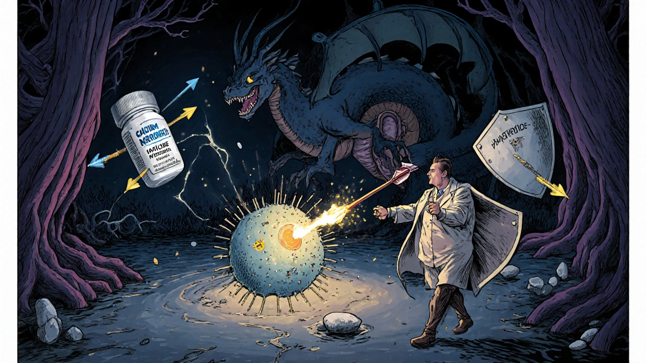 Illustration of beta cells, insulin arrows, and a Parathyroid Hormone monster weakened by calcium acetate.