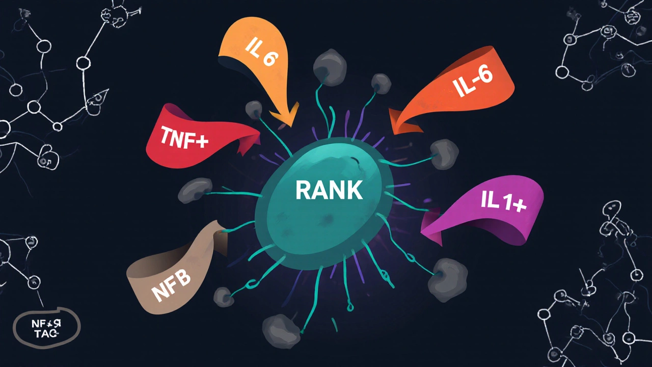 Illustration of cytokine signals (RANKL, TNF‑α, IL‑6) activating an osteoclast precursor.