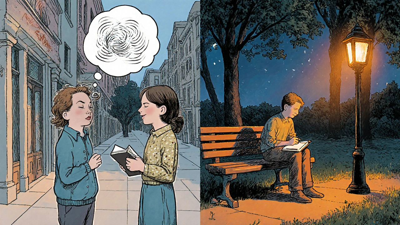 Individual approaches a stranger, then journals under a lantern after the interaction.