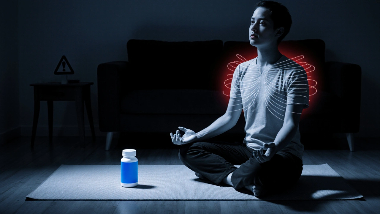 Individual doing breathing on yoga mat, blue‑accented pill bottle nearby, faint red warning halo.