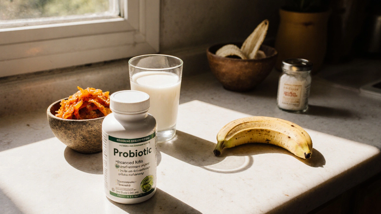 Kitchen counter displaying probiotic capsules, kefir, kimchi, banana and chicory fiber.