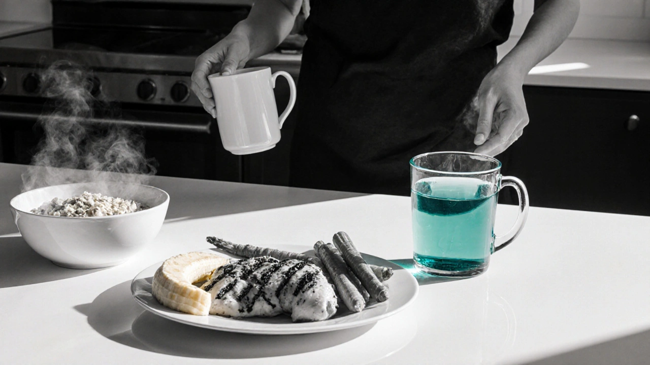Kitchen scene with oatmeal, chicken, veggies, banana, water glass, and upside‑down coffee mug.