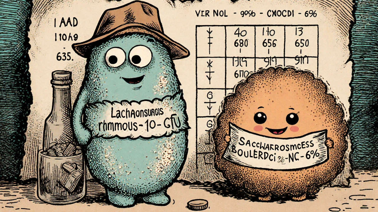 Lactobacillus rhamnosus GG and Saccharomyces boulardii illustrated with dosage info.