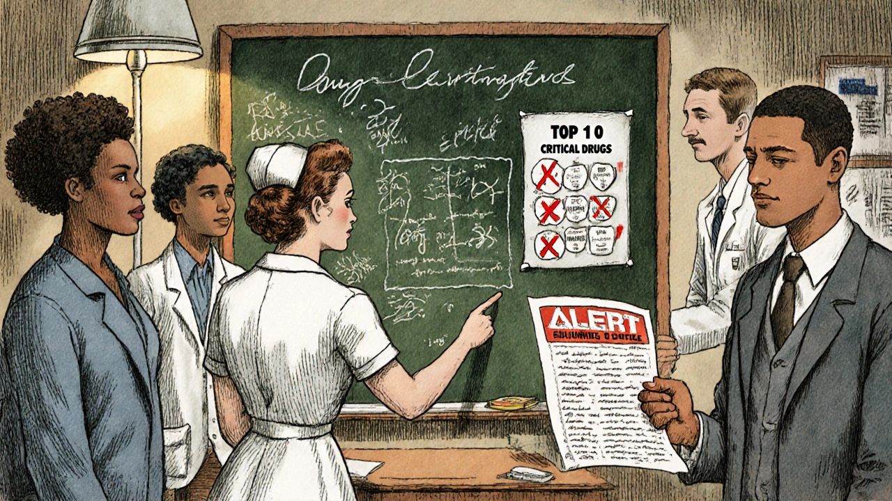 Medical team mapping drug alternatives on a chalkboard in a hospital war room.