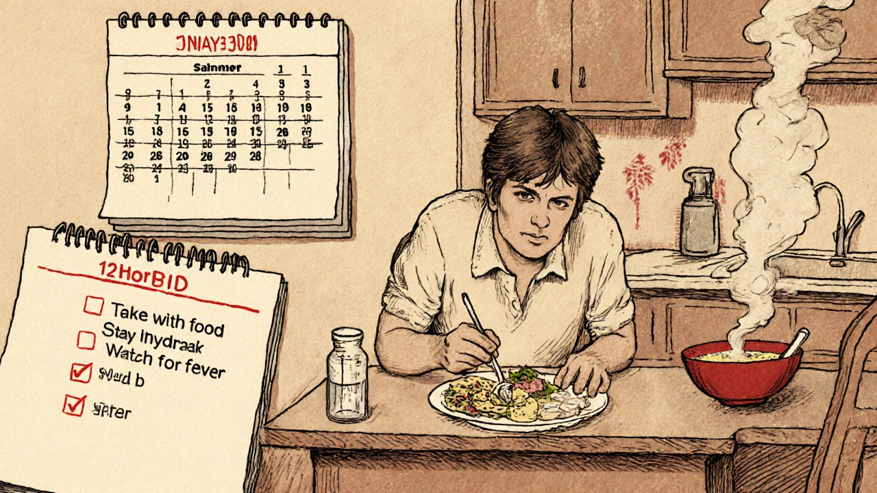 Patient at home taking co‑trimoxazole, staying hydrated, and monitoring for side effects.