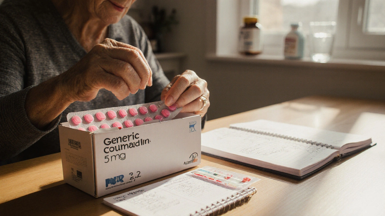 Patient opening a Coumadin box beside an INR test kit and logbook on a kitchen table.