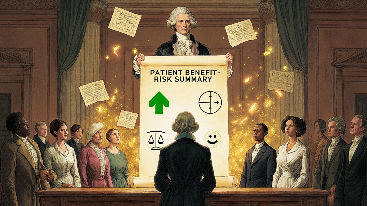 Patients standing before a courtroom where a glowing summary replaces confusing drug labels with clear icons.