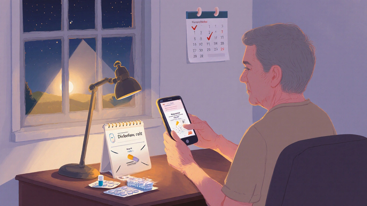 Person checking a phone reminder, with one Diclofenac SR pill and PPI beside it.