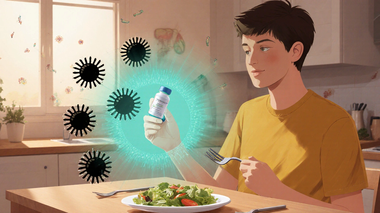 Person taking a probiotic capsule with a meal, surrounded by a glowing protective aura.