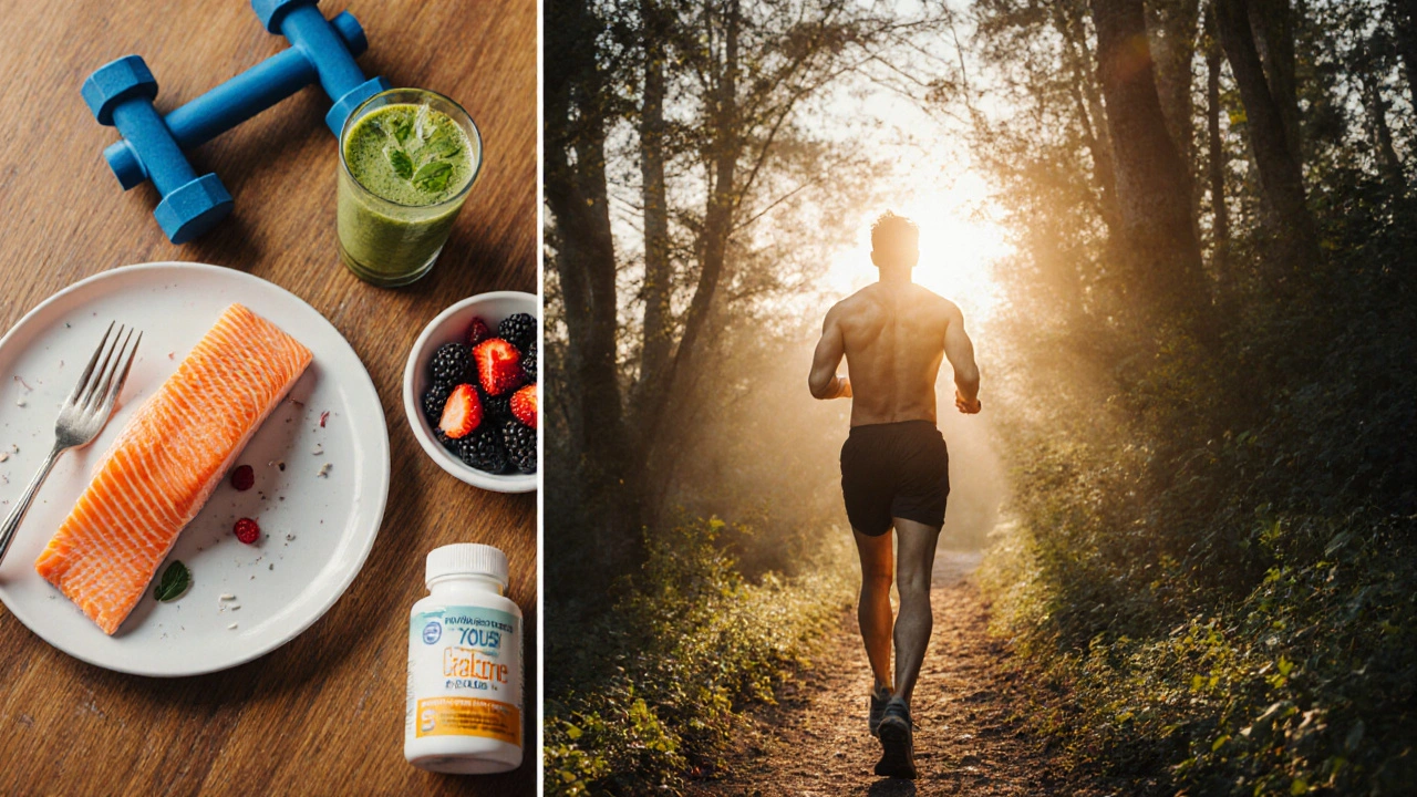 Person walking on a sunny trail with healthy foods and supplements promoting bone health.