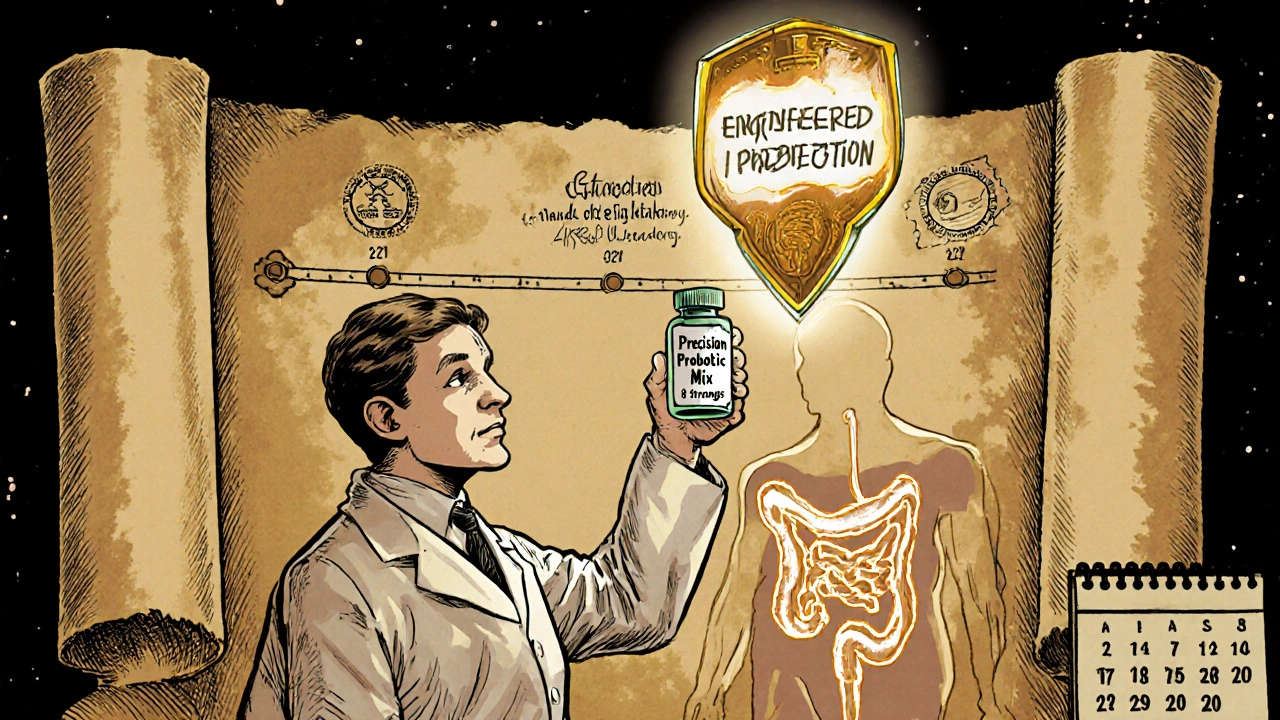 Scientist with precision probiotic shield protecting a gut, showing future outlook.