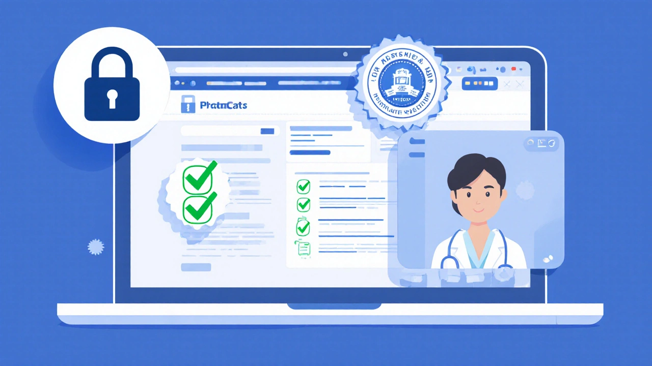 Secure pharmacy website screen with checklist icons and video call.