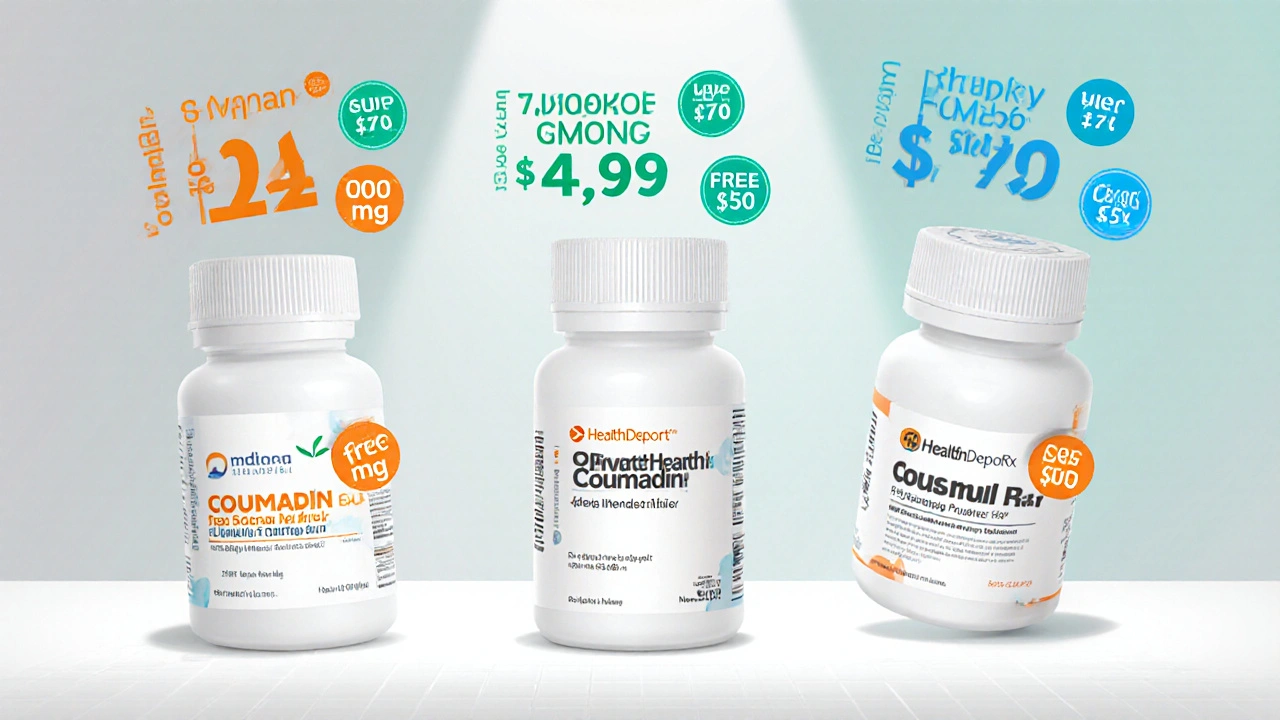 Three Coumadin pill bottles with price tags, shipping icons, and verification badges.
