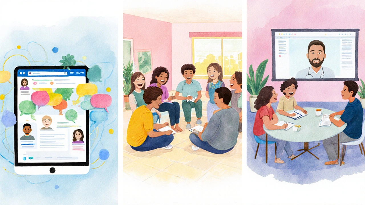 Watercolor split scene showing online forum, in‑person meet‑up, and hybrid group.