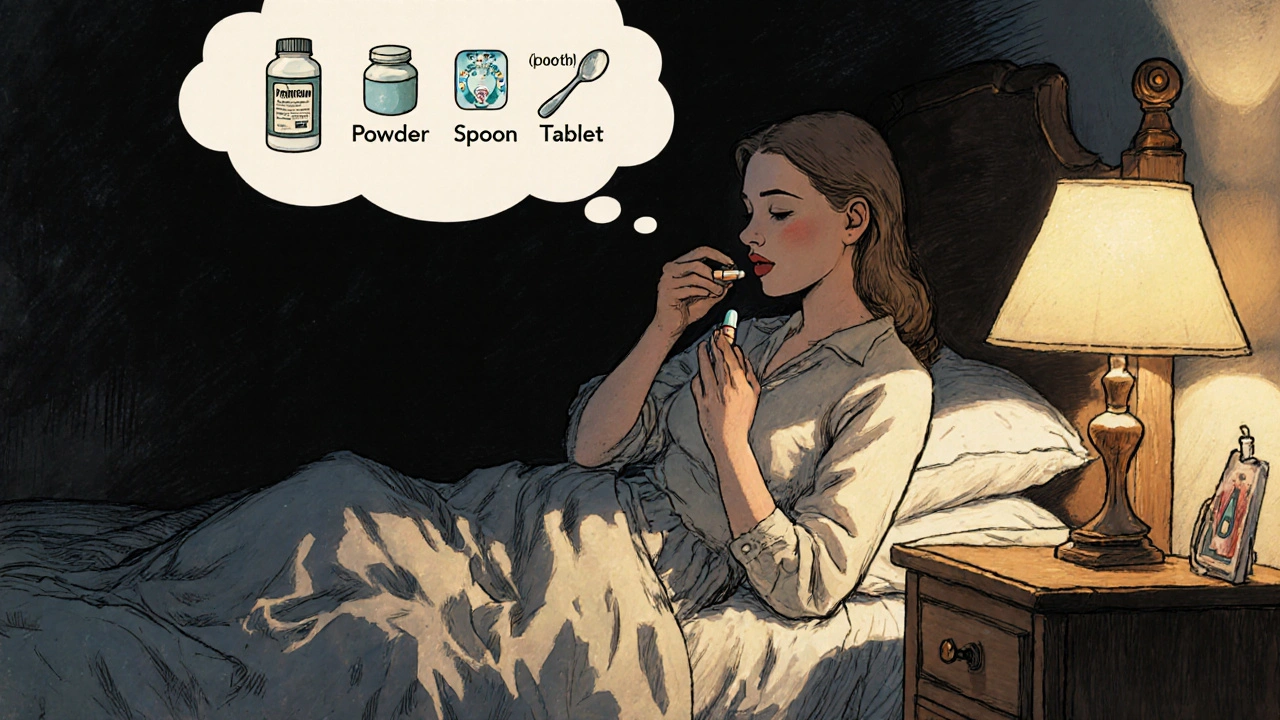 Woman taking a bedtime capsule with thought bubbles showing side‑effects and alternative forms, drawn in Howard Pyle style.