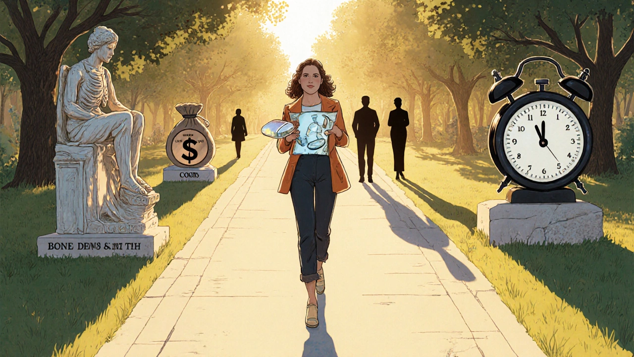 Woman walking a garden path past bone, cost, and five‑year milestones.