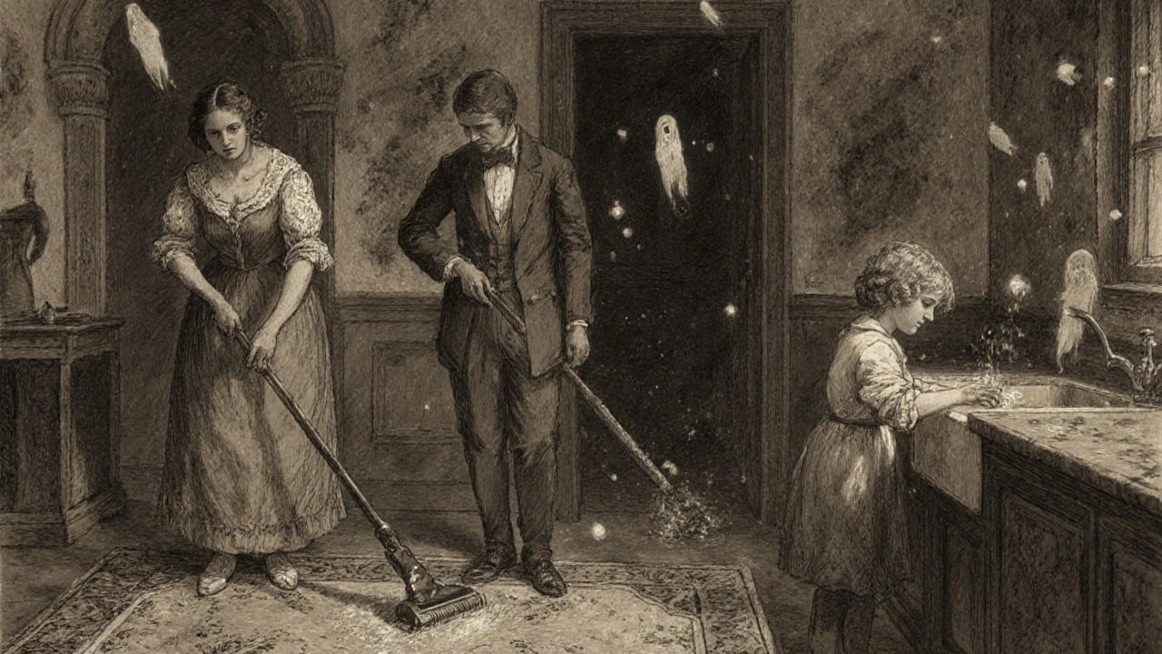 A family cleans their home to eliminate ringworm spores, with spores visible in the air.