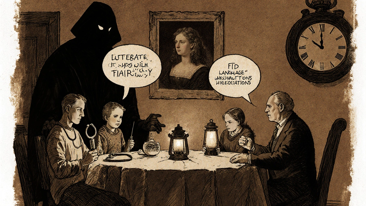 A family holding symbols of dementia types beside a fading portrait under a shadowy figure of time.