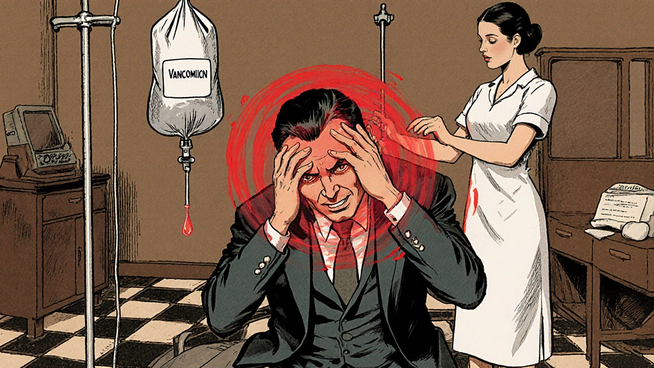 A man experiences flushing from an IV drip, with a nurse adjusting the flow in a hospital room.