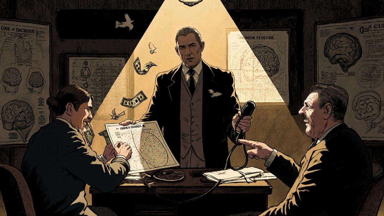 A neurologist with three patients representing different dementia types in a vintage medical office.