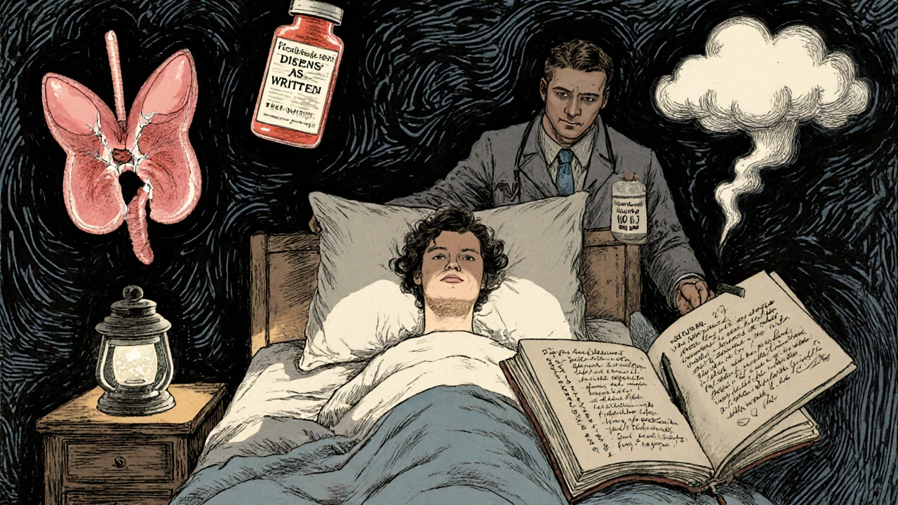 A patient in a hospital bed is surrounded by symbolic medical dangers, while a doctor holds a prescription that forbids substitution.