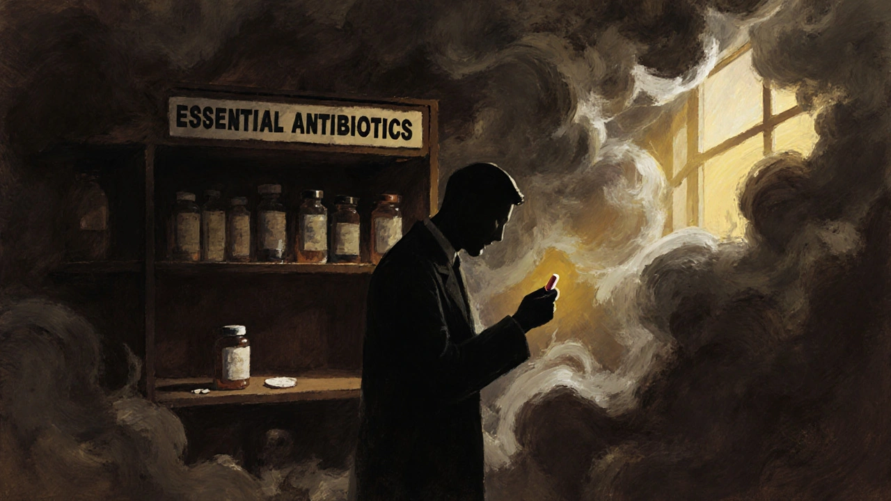 A pharmacist faces a barren shelf as shadowy resistant bacteria loom behind him.