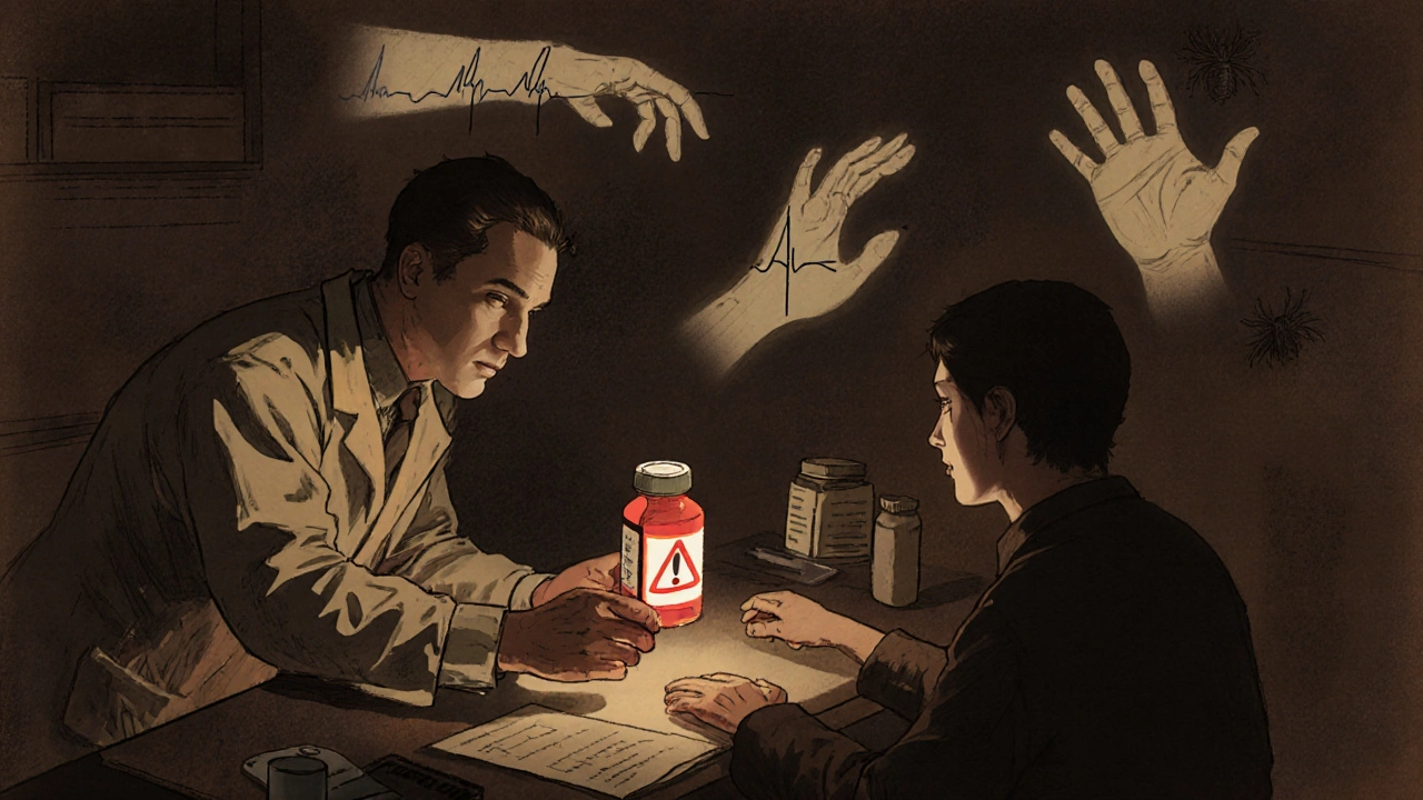 A pharmacist hands a patient a generic medication with glowing warning symbols, while ghostly images of side effects hover in the background.