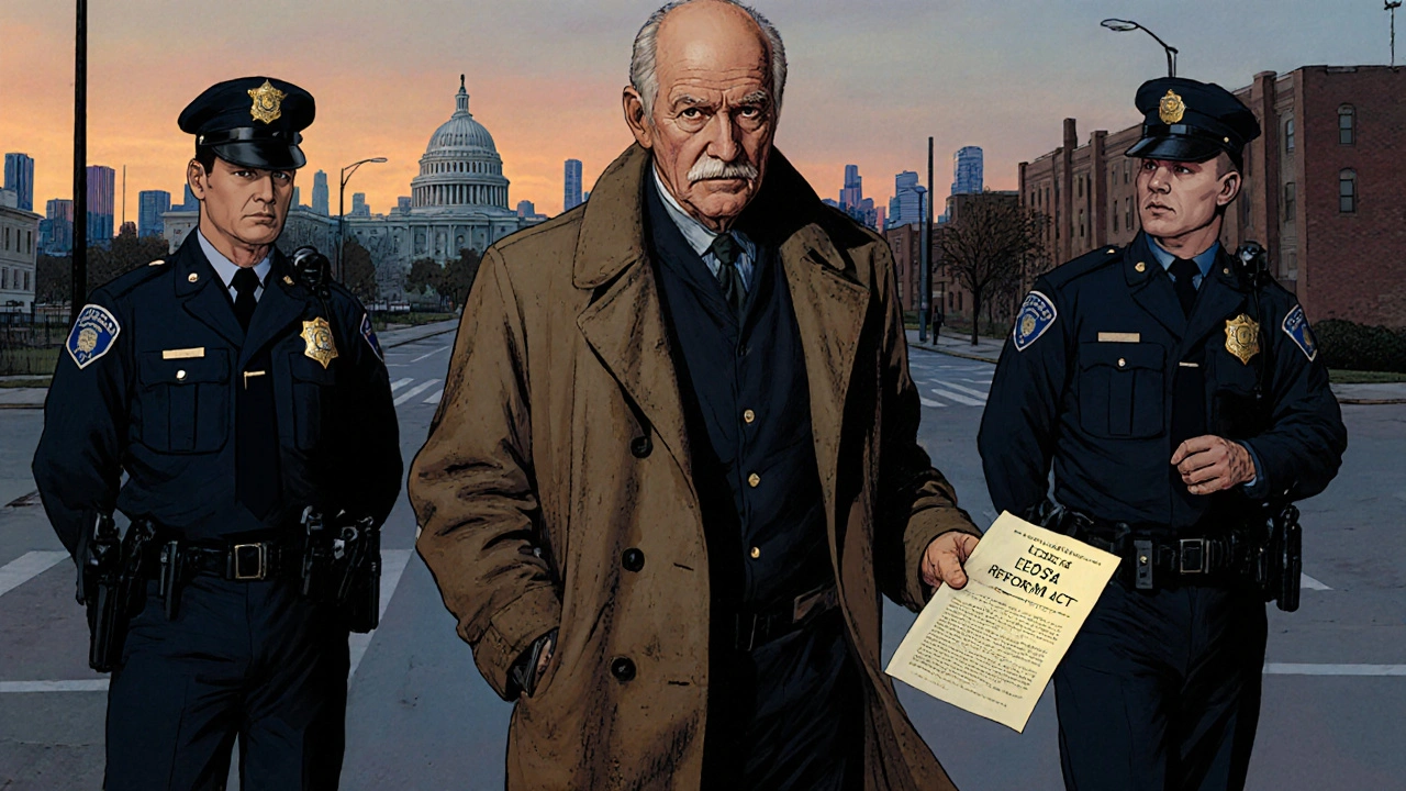 A retired officer walking through a school zone, facing confused local police, under the new LEOSA Reform law.